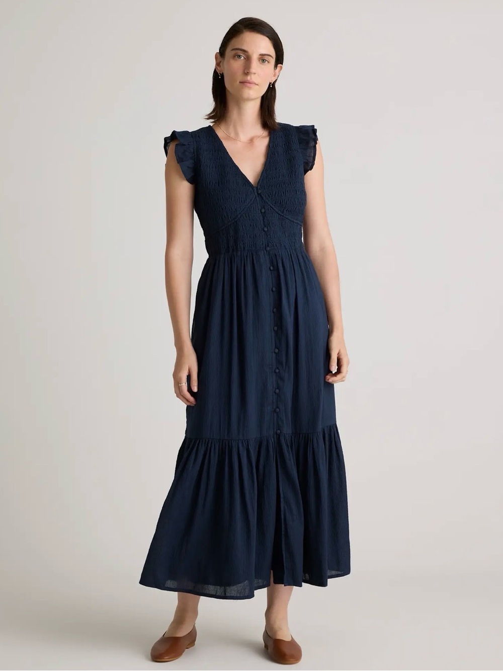 Organic Textured Cotton Smocked V-Neck Midi Dress